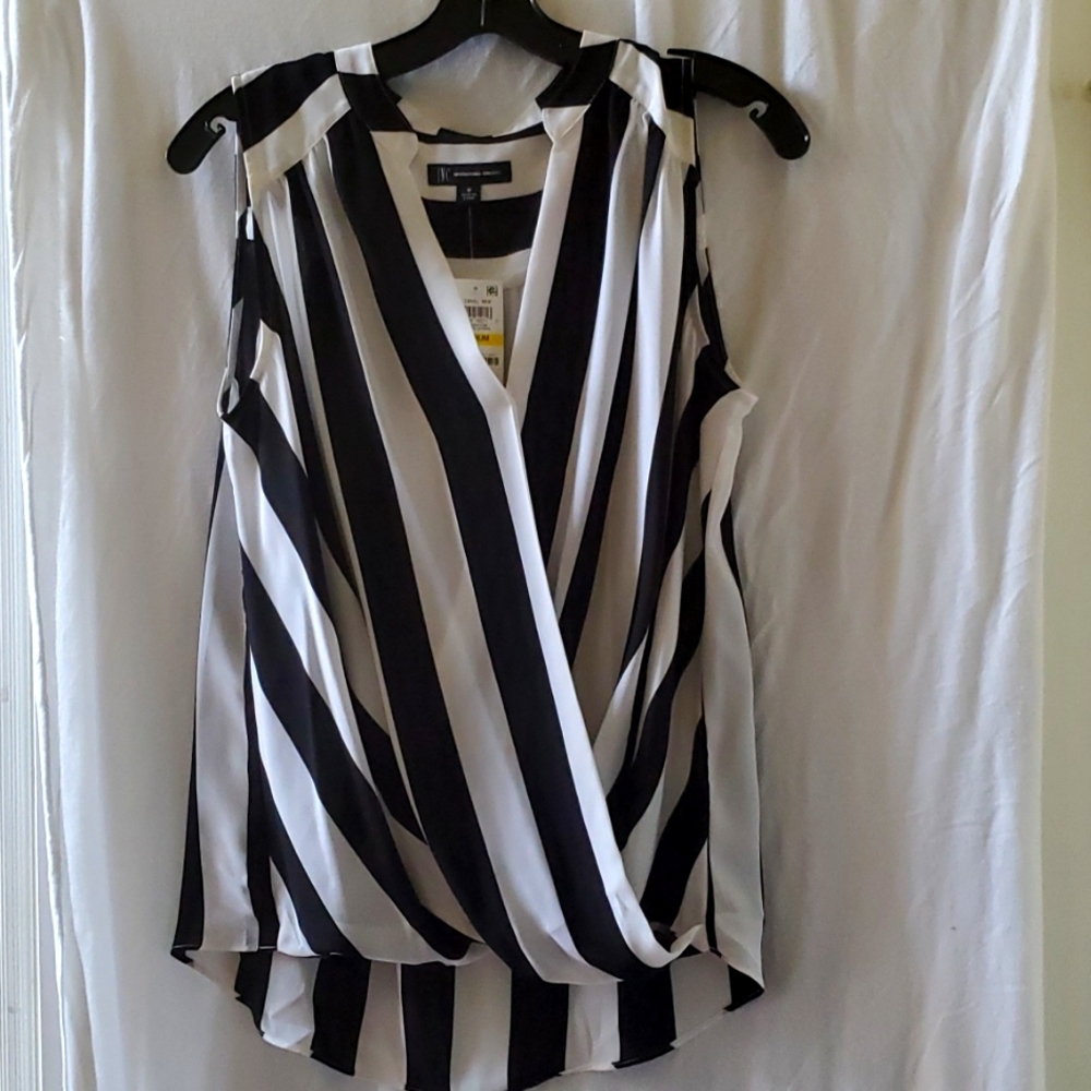INC Navy and white striped, sleeveless surplice blouse. NWT. Size Medium. - Picture 1 of 3